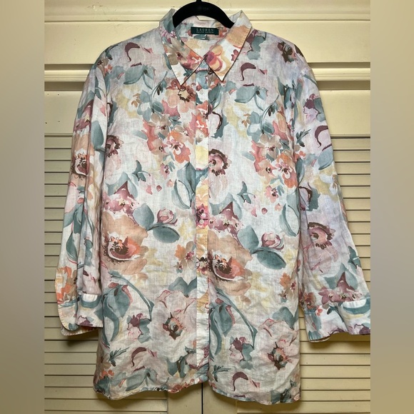 Lauren Ralph Lauren Tops - Ralph Lauren Green Label Floral Print Linen Button Down Shirt Tunic large XL